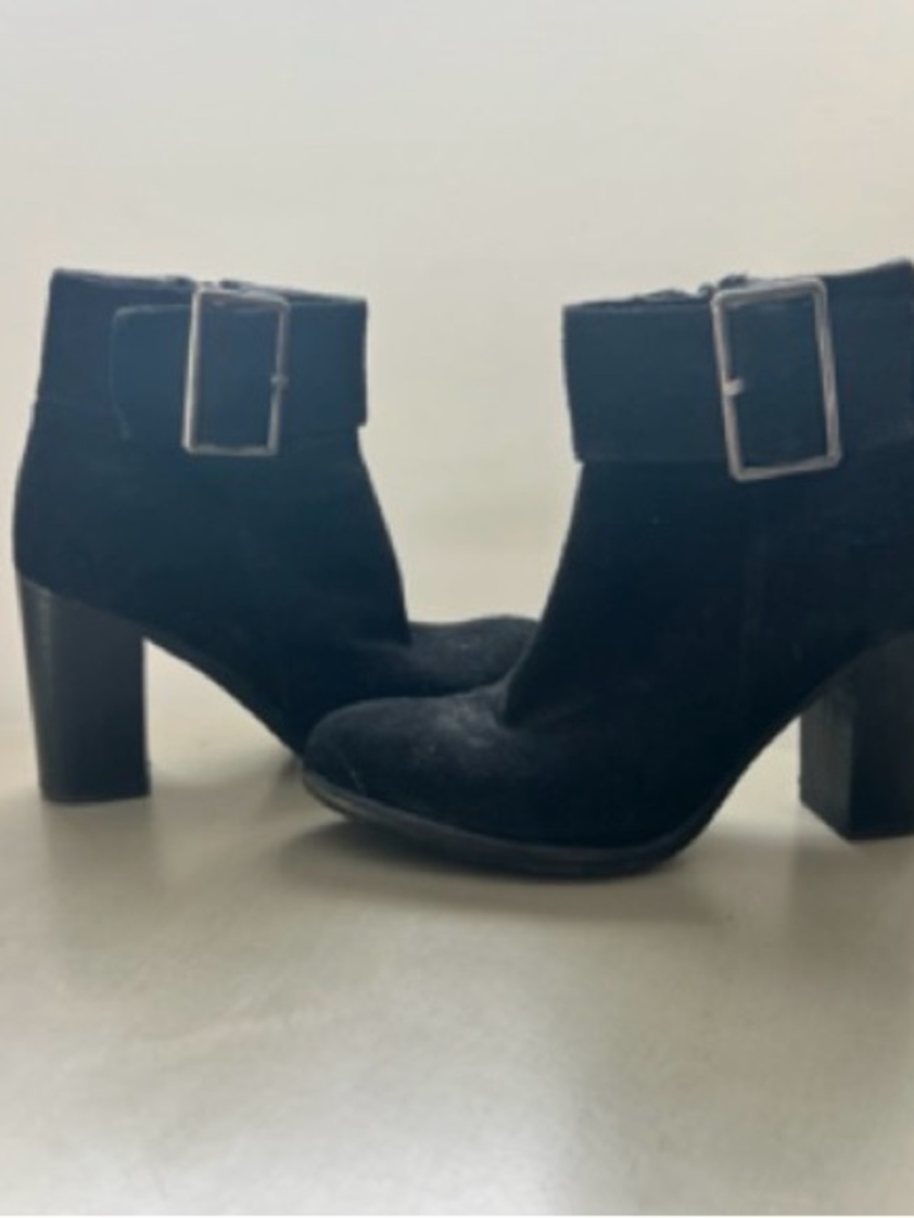 Women's Black Suede Ankle Booties with Buckle Detail
